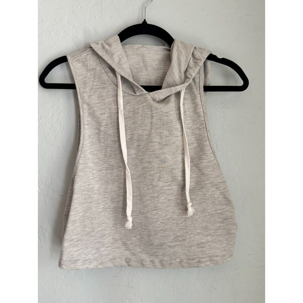 Women’s Gray Cropped Sleeveless Hoodie Tank Top Drawstring Athleisure  0046